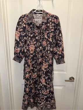 Long-Sleeve Floral Button-Front Midi Dress in Black and Blush